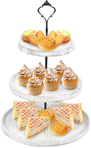 3 Tiers Cake Display Stand, Wooden Afternoon Tea Stands, Round Cup Cake Fruit Dessert Party Server Plates Stands, Food Serving Platter Stand with Metal Handle for Party Birthday Wedding (Old white)
