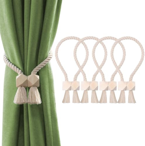 Reh:ncla 4 Stück Magnetische Vorhang Raffhalter, Gardinenhalter Vorhanghalter, Gardinenraffer aus Holz Boho, Gardinen Raffhalter, Baumwollseil, Raffhalter für Gardinen Home Büro Gardinen Deko
