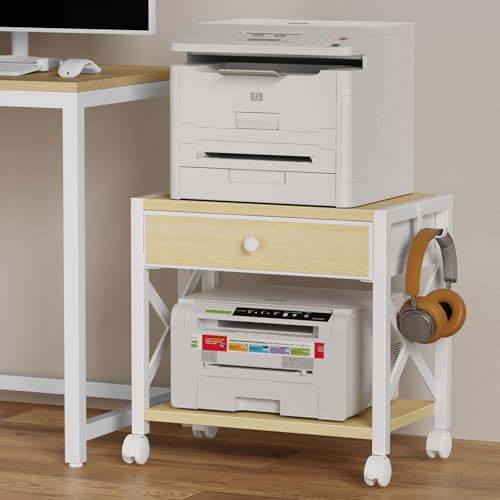 EasyCom 2-stöckiger Desktop-Druckerständer mit großer Schublade, Untertischaufbewahrung mit Rollen, kleines Regal mit Stauraum für Papieraufbewahrung, Drucker, Scanner, Fax, Heimbüro, Beige