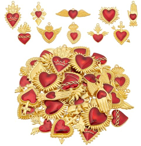 HOBBIESAY 10 Stil 40 Stück Herzanhänger Große Menge Heiliges Herz Rotgold Herzanhänger Liebesform Flügelanhänger Für Valentinstag DIY Armbänder Ohrringe Halskette