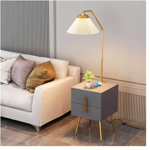 Lampadaire Salon Lampadaire avec table et 2 tiroirs, table de chevet moderne du milieu du siècle avec port USB, lampadaires for salon, chambre et bureau à domicile Lampadaire sur Pied(Grigio)