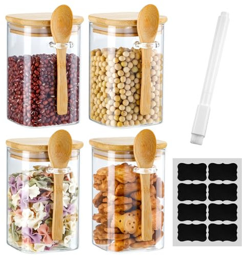 Dyserbuy 4 Pack Glass Jars with Bamboo Lids, 530ml Glass Storage Jar with Spoons, Mason Overnight Oats Jars for Coffee, Chocolate, Tea, Sugar, Spice and Salt