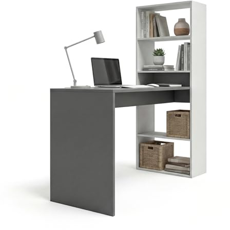 duehome | Escritorio Juvenil con Estanteria Reversible, Mesa de Ordenador, Modelo Cosmic, Acabado en Blanco Artik y Gris Antracita, Medidas: 120 cm (Largo) x 53 cm (Ancho) x 144 cm (Alto)
