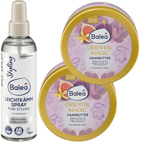 Balea 3er-Set Haarpflege: Leichtkämmspray Pure Styling natürlicher Glanz & verbesserte Kämmbarkeit, 200 ml + Haarbutter Oriental Magic Intensivpflege & Styling ohne zu beschweren, 2 x 150 ml (500 ml)