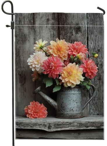 Drapeau floral rustique de jardin, fleurs de dahlia orange et jaune, bannière de jardin, bannière de jardin, drapeau vintage double face, décoration de pelouse de printemps, 30,5 x 45,7 cm