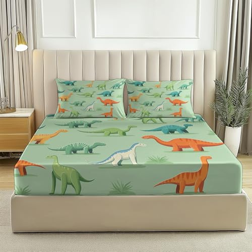Set Lenzuola Singolo 2 Pezzi 90x190x30 cm e 1 Federa 50x80cm - Fumetto Dinosauro Completo Letto in Morbida Microfibra per bambini adulti, Verde Salvia