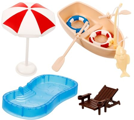 minkissy Mini Puppenhaus Möbel mit Schwimmbad Boot und Strand Liegestuhl Miniatur Strand Deko Bausatz für Sommer Szene Leichtes Modell für Puppenhaus und DIY Garten Dekoration