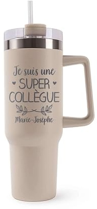 Mug Isotherme 1,2L - Marie-Josèphe Une Super Collègue Beige – Bouteille avec Anse, Paille et Couvercle – Idée Cadeau Gourde Personnalisée