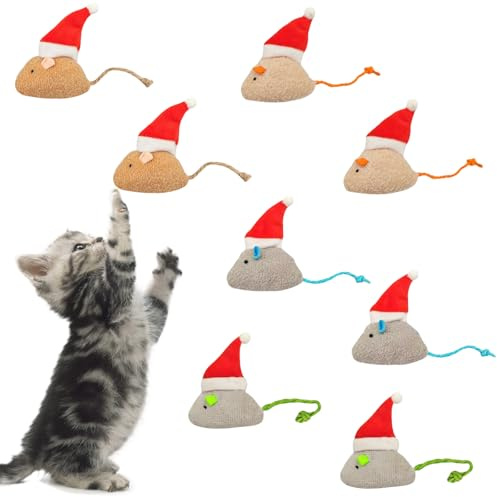 SPERMUOY Katzenspielzeug Weihnachten katzenminze Spielzeug,8 Stück Katzenspielzeug Mäuse katzenspielzeug katzenminze,Interaktives Katzen Maus Spielzeug mit Weihnachtsmannmütze