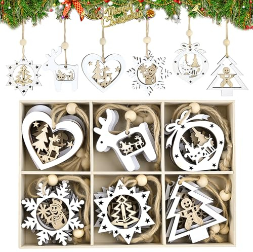 Kuvarix 18PCS Decoration Noel Bois, 6 Styles Decoration Sapin de Noel en Bois avec Boîte et Cordelette de Suspension, Procédé à Double Couche, Idéal pour Décorer Les Sapins de Noël, Couronnes