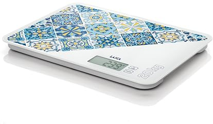 LAICA KS5021B Bilancia Cucina Digitale Mediterranean Breeze - 20kg, Blu | Grande capacità, XL, display LCD, vetro temperato, design ispirato alle maioliche, calcola volume acqua, precisione 5g