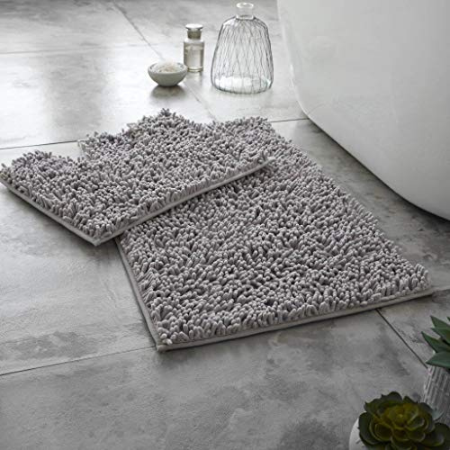 BritAces 2 Piece Chenille Bath Mat Set - Ultra Soft Non Slip Bathroom Rugs - Super Absorbent Loop Design Toilet & Pedestal Mat Set - Luxury Washable Mats for Shower and Bathroom Floor - Silver