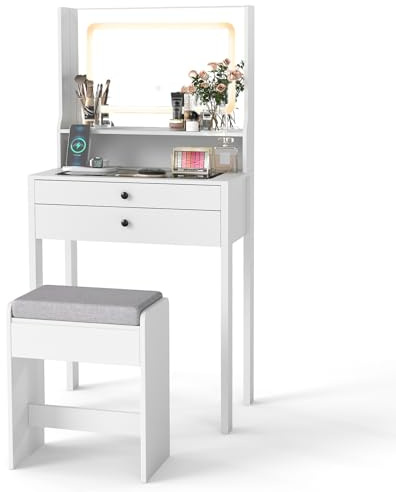 COSTWAY Small Dressing Table with Adjustable 3-Color LED Lights Mirror and Stool, 64cm Compact Bedroom Makeup Table Vanity Desk with Charging Station, Tempered Glass Top, Shelf & 2 Drawers (White)