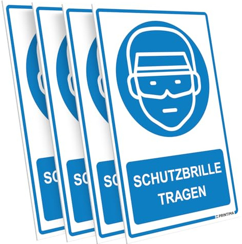 PRINTIMA 4x Schild „SCHUTZBRILLE TRAGEN“ 21x32 cm – PVC Warnschild wetterfest & UV-beständig, inkl. Dübel, Sicherheitskennzeichnung für Augenschutz am Arbeitsplatz, Innen- & Außenbereiche