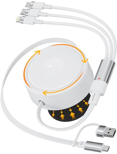Multi Charger Cable, 100W 6-in-1 Retractable USB C Charging Cable, 360° Rotatable Type C/Lightn-ing/Micro Multi Charging Cable for iPhone, iPad, Android, Galaxy, Note - Portable, 1.6M/5A, White