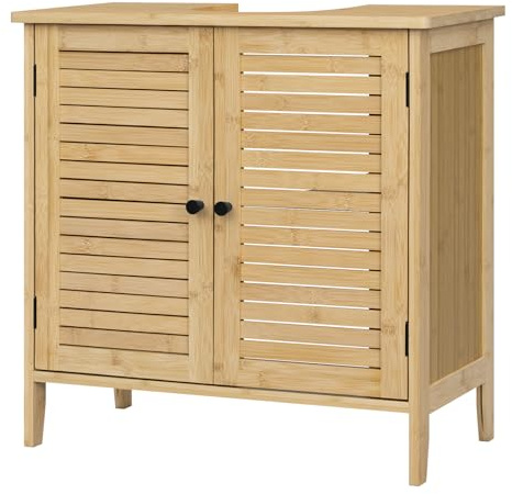 EUGAD Meuble sous Lavabo Salle de Bain en Bambou, Meuble sous Vasque, avec Découpe pour Siphon 20x23 cm, Portes à Lames et Étagère Réglable, 60x30x60 cm