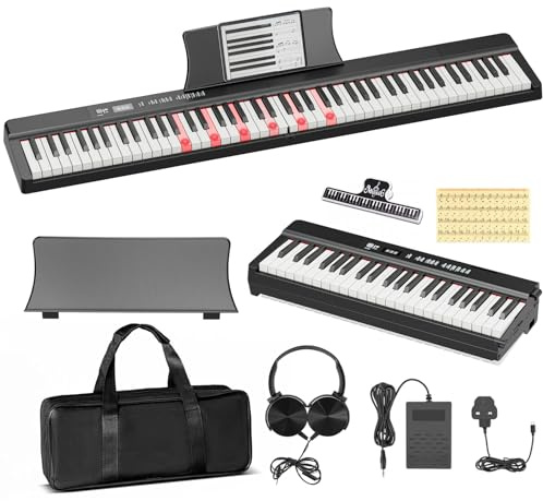 UMOMO 88 Key Folding Digital Piano with Sustain Pedal, Rechargeable Portable Electric Piano Keyboard, Semi Weighted Light Up Keys, Headphones, Beginner Piano for Adults Kids