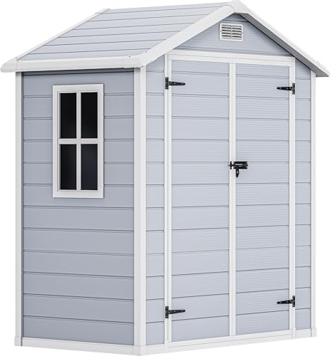 DWVO Kunststoff Gerätehaus 182x103x220 cm mit verstärktem Boden, Wetterfeste Fahrradgarage mit abschließbarer Tür, Fenster & Belüftung, Wasserdichter Gartenschuppen für Garten, Terrasse, Hof - Grau