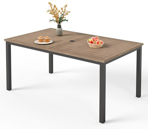 PHI VILLA Rectangle Garden Patio Table E-coating Metal Steel Frame | Wood-like Metal Steel Top Outdoor Table with Parasol Hole, E-coating for Rust Resistance, 6 Seater