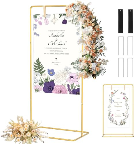 Wedding Welcome Sign Stand Adjustable Height Metal Backdrop Stand with Square Base Design & Ground Stakes for Weather Resistant, Gold Easel Seating Plan Frame for Parties Events Photo Booth(Golden)