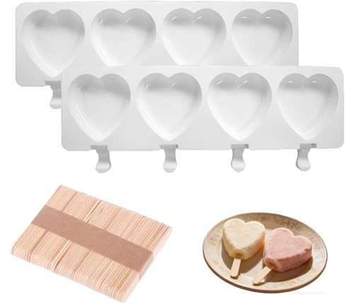 2 stampi per gelato in silicone, per ghiaccioli con 50 bastoncini di legno, 3 cuori di gelato, senza BPA, antiaderenti, per torte, gelati sul gambo, stampi per ghiaccioli, stampi per ghiaccio fai da