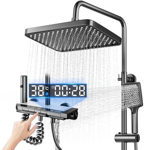 Koeutoze Duschhuvud och slangset, duschsystem med LED, regnduschhuvud 27X17.5cm, extra munstycke och kran, justerbar duschkolonn med stämningsljus, höjdjusterbar 69-103cm (Grå)