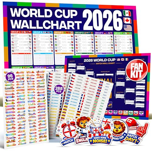 WOW Wallcharts 2026 fotbollsväggskarta med landsflaggklistermärken och matchscheman – turneringsvärldskalender affisch och väggplanerare för hem, kontor och pub – fotbollsklubbdekorationer