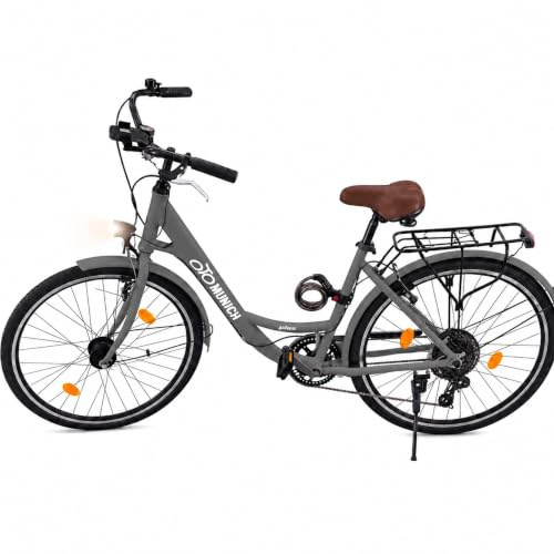 oToMUNICH Plus Boring Grey 28 Zoll Fahrrad, Shimano 7-Gang, City-Bike, Tiefeinsteiger mit Stahlrahmen, Nabendynamo 60 Lux LED Frontlicht, mit Tracker, Fahrradcomputer, Handyhalterung und Gepäckträger