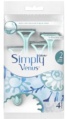 Gillette Venus Simply Rasoirs Jetables Pour Femmes, Lot De 4, A 2 Lames Et Avec Une Bande Lubrifiante Pour Rasage Confortable Et Simple, Manche Arrondi, Bande Lubrifiante