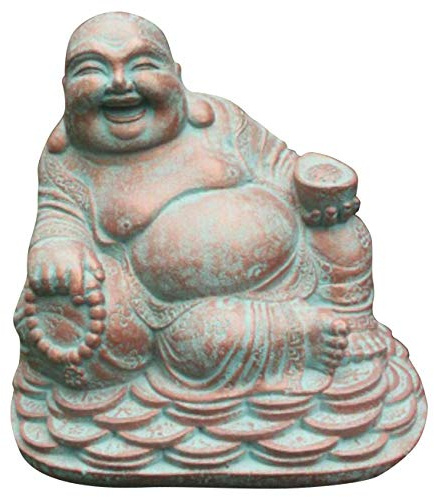 Ciffre 25cm Happy Buddha Grün 23cm x 25cm x 29cm Antik Look Massiv Steinfigur Skulptur Feng Shui Garten Deko Wetterfest Lawa Steingus