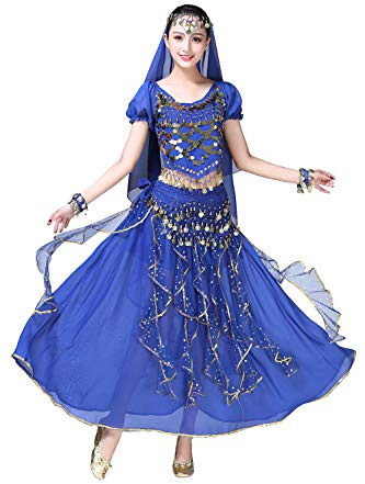 ORIDOOR Women Belly Dance Dress Indian Bollywood Halloween Costume Chiffon Skirts Shiny Belly Dance Suits 5-Piece Outfit, 004 Royal Blue, One Size