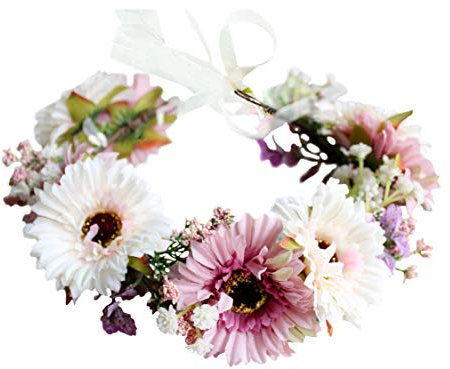 Brikuinr Daisy Flower Crown Floral Wreath Headband Hair Wreath Hair Garland Flower Halo Floral Headpiece Boho with Ribbon Wedding Party