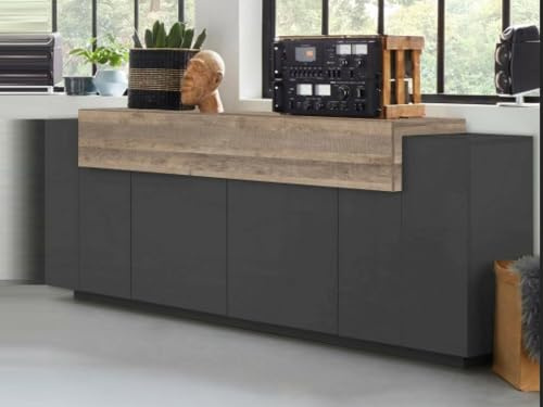 Dmora - Buffet de cuisine Loris, Buffet de salon, 100 % fabriqué en Italie, 220 x 45 h 86 cm, anthracite et érable