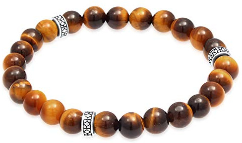Kuzzoi Buddha Herren Armband – Tigerauge Naturstein 8 mm – Elastisches Edelsteinarmband – 925 Sterling Silber Beads oxidiert – Männer Schmuck -Länge 21cm