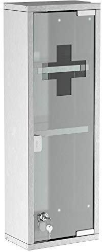 kleankin Medizinschrank aus Edelstahl und gehärtete Glastür Arzneischrank zur Medikamenten-Aufbewahrung, Abschließbar Medikamentenschrank mit 3 Fächern, Erste Hilfe Schrank, 20 x 12 x 58 cm, Silber