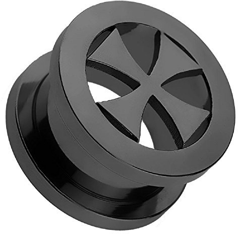 BlackAmazement Flesh Tunnel Plug Edelstahl Piercing Eisernes Kreuz Celtic Cross schwarz Silber