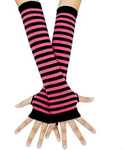 RK-HYTQWR Frauen Winterkabel gestrickt Lange Fingerlose Handschuhe Gestreifte Daumenloch-Armstulpen, Rosenrote Streifenärmel, Rosenrote Streifen