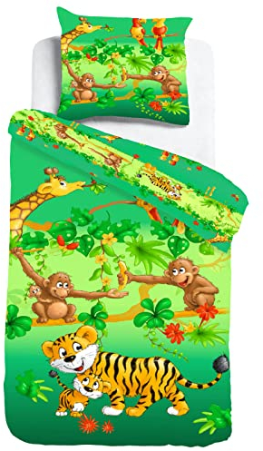 ESPiCO Kinderbettwäsche Sleep and Dream Dschungeltiere Wildnis Raubkatze Tropen Bunt Renforcé, Größe:135 cm x 200 cm