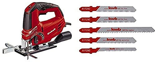 Einhell Stichsäge TC-JS 85 (620 W, max. 85 mm, 45° Schrägschnitt, Hubzahlregelung, 4-Stufen Pendelhub, Absaugadapter, Parallelanschlag, Koffer, inkl. 5-tlg. T-Schaft Metall-Sägeblatt-Set)