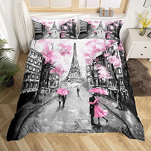 Loussiesd Set di biancheria da letto per ragazze con Torre Eiffel e Parigi romantici, copripiumino stampato, stile moderno, stile francese, rosa, grigio, king size, 3 pezzi