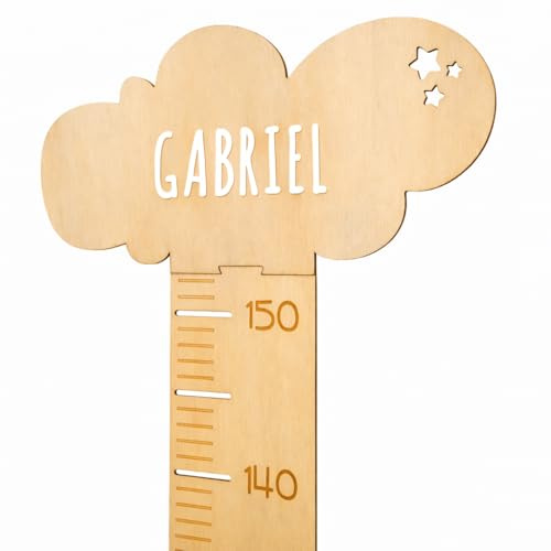 nagu® Messlatte Kinder Holz - Personalisierte Wandhöhenmesser aus nachhaltigem Holz, inkl. Buchstaben-Set & Kleber, Elegantes Wolkendesign für Baby- & Kleinkinderzimmer, 62-162 cm