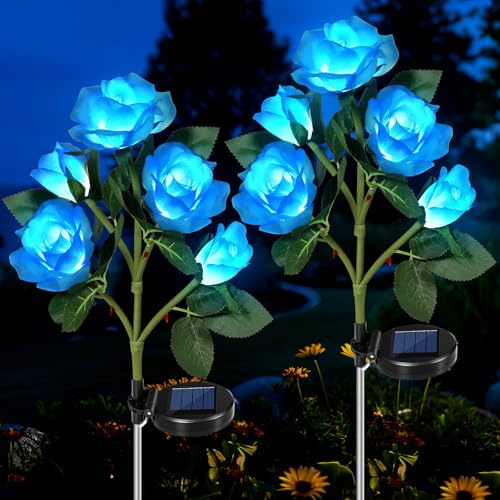 HELESIN Solar Lights Outdoor Garden, 2 Pack Flower Lights Ornaments (Blue)