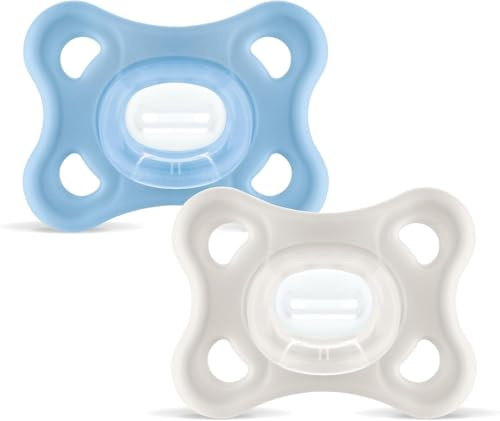 MAM Comfort Succhietto 3-12 mesi (Set da 2), Ciuccio MAM 3-12 mesi in 100% silicone con design unico, Kit da 2 accessori neonato morbidi e leggeri con porta ciuccio sterilizzatore, Azzurro/Neutro
