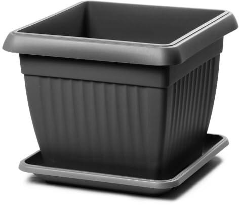 IMJ-Global - Vasi per Piante da Esterno Quadrati con Sottovaso (24x24x20cm) Fioriere da Balcone in Plastica Resistente a Intemperie e Sole, Vaso Classico Utilizzabile anche All'Interno (Nero)