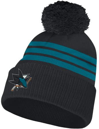 adidas NHL Bommelmütze, gestickte Logos der NHL-Ligateams, 3 Streifen (San Jose Sharks, schwarz + blau)
