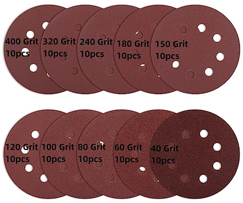 100 pcs Sanding Discs - 5 inch/125 mm, 8 Holes, Hook and Loop Sanding Pads for Random Orbital Sanders,Red Brown-40/60/80/100/120/150/180/240/320/400 Grit
