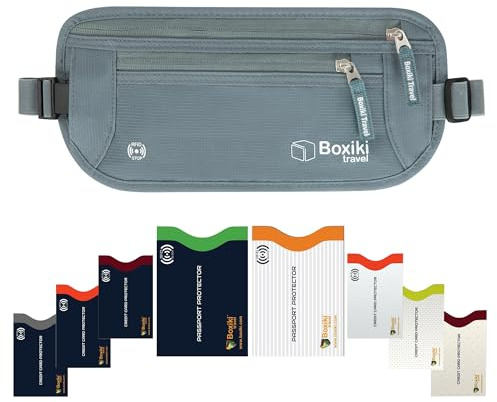 Boxiki Travel, Gray Money Belt + RFID Sleeves Set of 8 Pcs | RFID Blocking Secure Waist Bag, Credit Card Holders & Passport Holders for Men and Women | Keep Your Travel Essentials in Reach