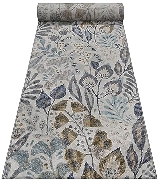 Wecon Home Wetterfester In- & Outdoor Teppich von Esprit mit blumigem Muster ideal für Balkon, Terrasse, Küche, Flur, Wohnmobil, Garten und Camping – Lilly (80 x 300 cm, blau beige)