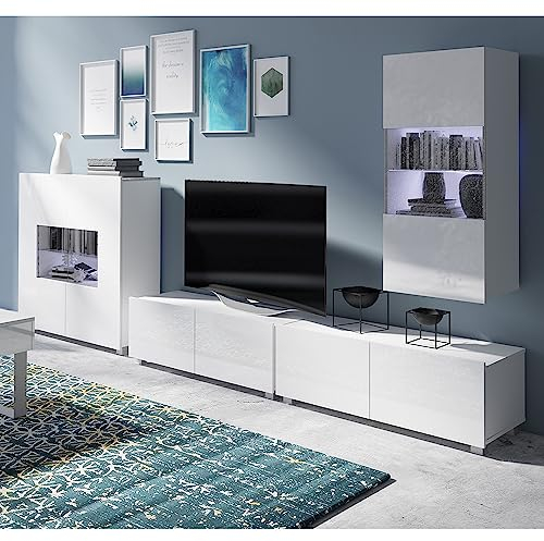 Lomadox Wohnwand Anbauwand weiß Hochglanz 4-teilig Modern, mit 1 TV-Lowboard, 1 Hängevitrine, 1 Highboard