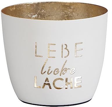 Maritimes Windlicht Baltic – Metall, Motiv – Lebe Liebe Lache, weiß, Gold | 10 x 10 x 8,5 cm – für Teelichter & Stumpenkerzen – Haus, Garten, Balkon, Terrasse – Licht- & Schattenspiele – Seaside No.64